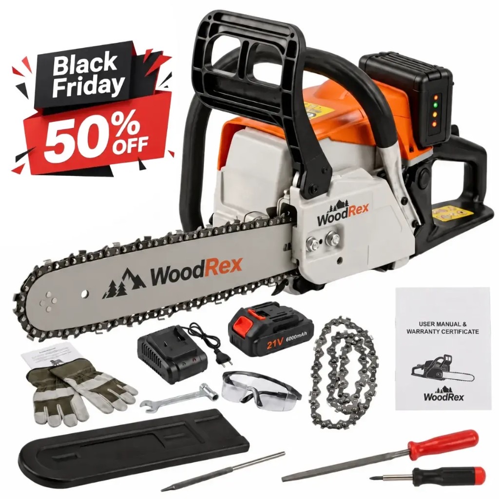 WoodRex cordless mini chainsaw with 60V dual battery and 55 cm bar